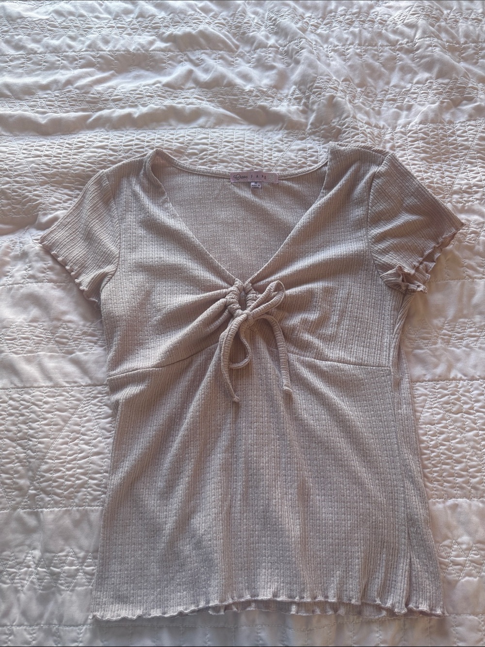Tie-Front Ribbed Crop Top in Light Beige